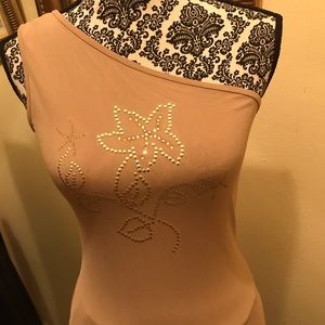 One Shoulder gold sequin & orange gems